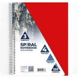24 Bulk Poly Cover 3 Subject Notebook 150 Shts W/6 Pockets, College Ruled Asst. Colors