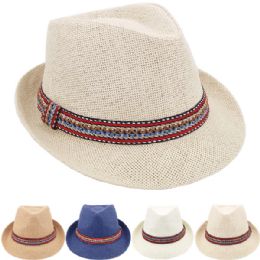 12 Bulk Breathable Assorted Colors Braid Band Straw Adult Trilby Fedora Hat Set