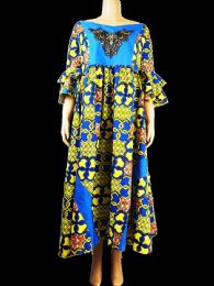 48 Bulk Women's Flower Decal Dashiki Dress With Ruffle Sleeves