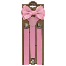 12 Bulk Adjustable Elastic Y Back Style Unisex Bowtie Suspender Set - Pink