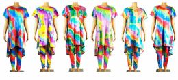 72 Bulk Women's Tie Dye Patterned Dress And Pants Set