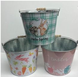 12 Bulk Tin Bucket W/handle 8.7 Dia X 7.09h 3ast W/wood Roll Handle Easter Prints Upc Label