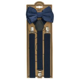 12 Bulk Adjustable Elastic Y Back Style Unisex Bowtie Suspender Set - Navy Blue