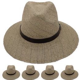12 Bulk Men's Straw Summer Hat - Wide Brim Hat with Black Strip