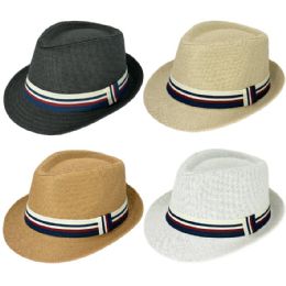 12 Bulk Casual Straw Trilby Fedora Hat with Blue-Red-White Strip Band Blue-Red
