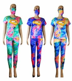 60 Bulk Women's Tie Dye Short Sleeve Set With Mask