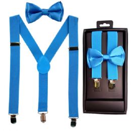36 Bulk Light Blue Kid Bowtie and Suspenders Set