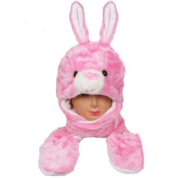 36 Bulk Pink Bunny Hat with Paw Mittens