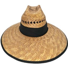 12 Bulk Straw Summer Hat with Plain Black Bandana