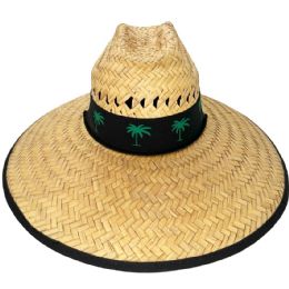 12 Bulk Straw Summer Hat with Green Palm Tree on Black Bandana