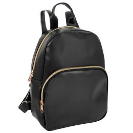 24 Bulk Mini 10 Inch Black Vinyl Backpack With Front Dome Zipper Pocket