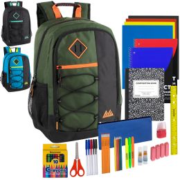 24 Bulk 18" Bungee Backpack With 45-Piece School Supply Kit - 3 Colors
