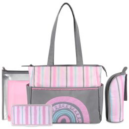 12 Bulk Baby Essentials Diaper Bag Tote 5 Piece Set Pink Rainbow Themed