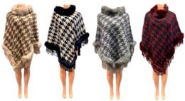 12 Bulk Winter Houndstooth Graphic Poncho With Faux Fur Collar Assorted