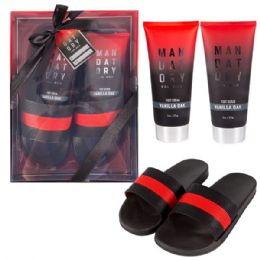 9 Bulk Black/red Mens Slipper Set (box Version W/ Foot Lotion + Foot Scrub)