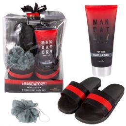 12 Bulk Black/red Mens Slipper Set (bag Version W/ Loofah + All Over Wash)