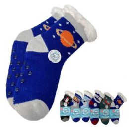 24 Bulk Children's Plush - Lined Non Slip Sherpa Socks - Space