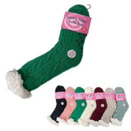 24 Bulk Plush - Lined Non Slip Sherpa Socks - Solid Cable Knit