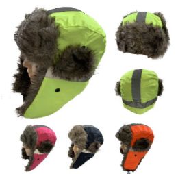 24 Bulk Neon Reflective Strip Aviator Hat With Fur Trim