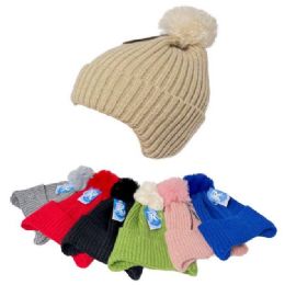 48 Bulk Children's Ear Cover Pom Pom Knit Hat