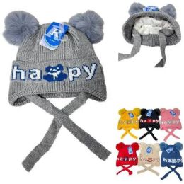 48 Bulk Children Plush - Lined Ear Flap Knit Hat With Pompoms