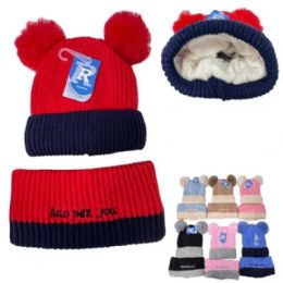 24 Bulk Children PlusH-Lined Knit Hat With Pompom With Neck Warmer