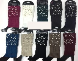 24 Bulk Women Pearl-Studded Assorted Color Leg Warmers
