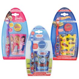 24 Bulk Toothbrush Kids Licensed 3pc Set Barbie, Hot Wheels, Thomas&friends