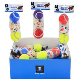 12 Bulk Dog Toy Tennis Balls Assorted 3pk 2.5 Inch 2 Solid/1 Print In Mesh Bag