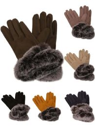 48 Bulk Women's Suede Winter Gloves W/ Fur Cuff