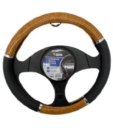 12 Bulk Steering Wheel Cover Blk Lt Wood Grain
