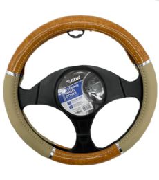 12 Bulk Steering Wheel Cover Blk Lt Wood Grain