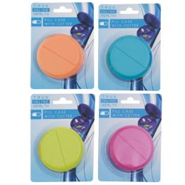 48 Bulk Pill Case W/cutter Plastic Round 4asst Colors 12pc Merchstrip Hba Blc