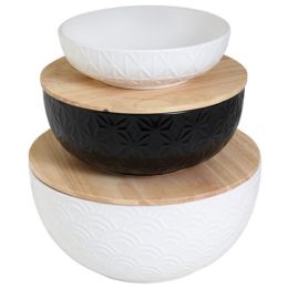 Bulk Serving Bowls 3pc Set Stoneware W/2 Acacia Wood Lids White/black
