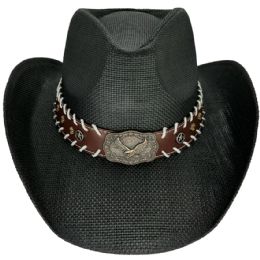 12 Bulk Black Cowboy Hats with Eagle Buckle on Leather Band