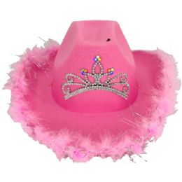 12 Bulk Light-up Pink Cowgirl Hats with Feathers for Kids - Tiara Crown