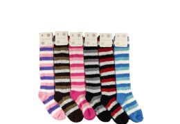 12 Bulk Woman Assorted Color Striped Fuzzy Sock