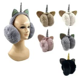 24 Bulk Womens Fuzzy Folding Winter Unicorn Earmuffs