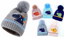 48 Bulk Kid's Knitted Dinosaur Winter Pom Pom Hat