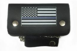 12 Bulk Thin Blue Line Leather Biker Wallet With Chain