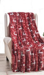 12 Bulk Red Reindeer Holiday Design Micro Plush Throw Blanket 50x60 Multicolor