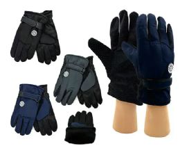 24 Bulk Men's Assorted Fuzzy Interior Gripper Winter Gloves With Strap
