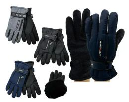 24 Bulk Men's Assorted Fuzzy Interior Gripper Winter Gloves With Strap