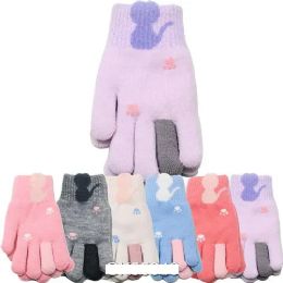 24 Bulk Kid's Winter Fleece Gloves Fur Lined Cat Print