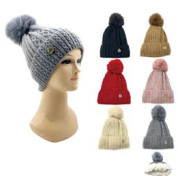 24 Bulk Womens Pom Pom Beanie With Fuzzy Interior