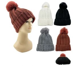 24 Bulk Womens Winter Hat With Pom Pom Fuzzy Interior