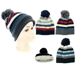 24 Bulk Kids Winter Hat With Pom Poms Fuzzy Interior