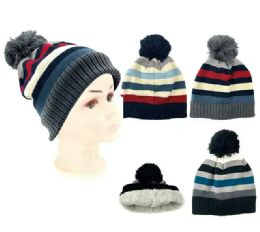 24 Bulk Kids Winter Hat With Pom Poms Fuzzy Interior