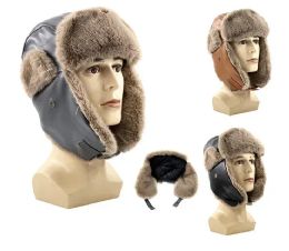 24 Bulk Mens Leather Winter Trapper Hat With Fuzzy Interior