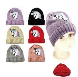 24 Bulk Kids Winter Unicorn Beanie Fuzzy Interior